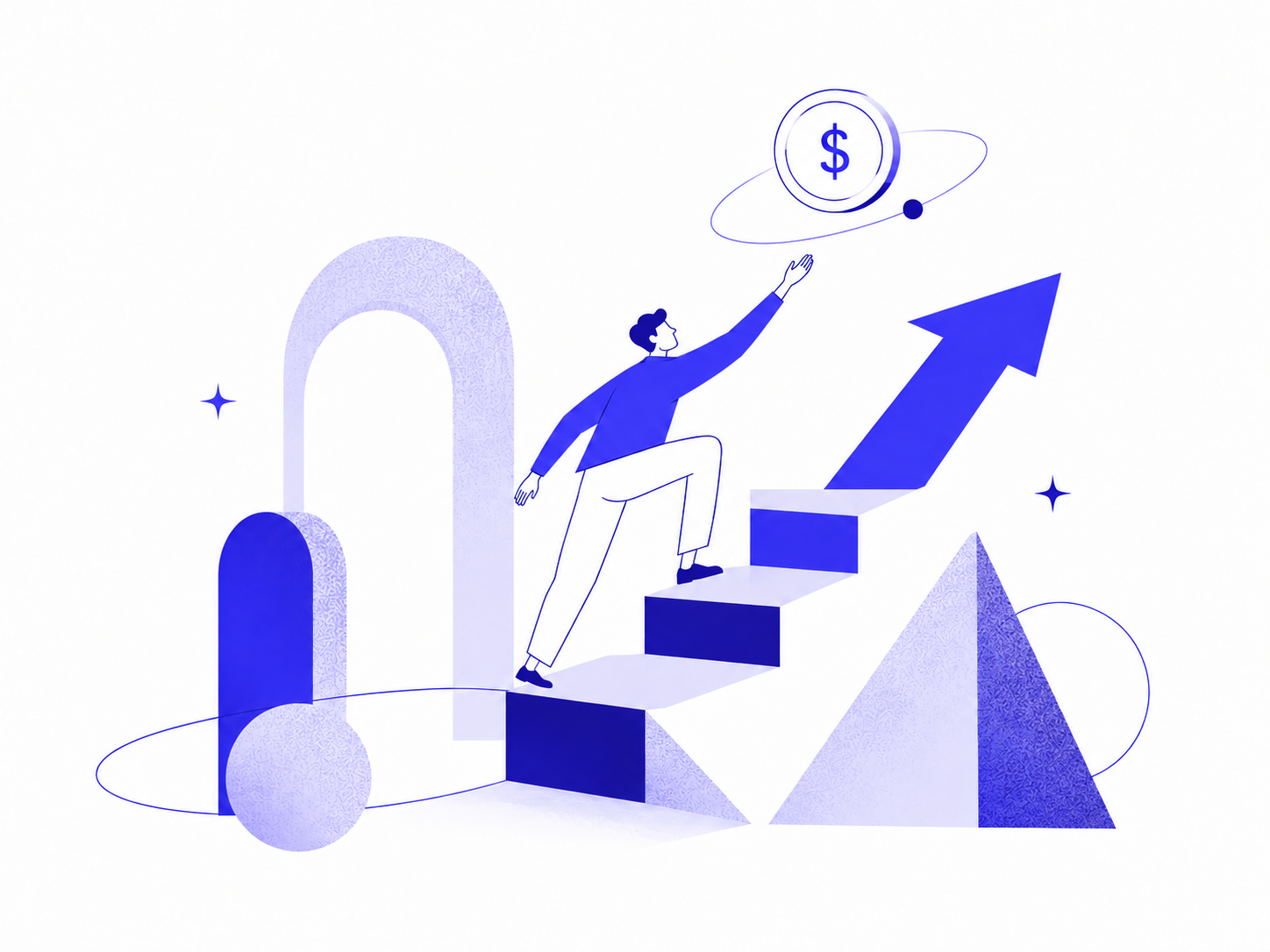 A business owner climbing steps toward a rising arrow and a coin, representing business growth funded by capital