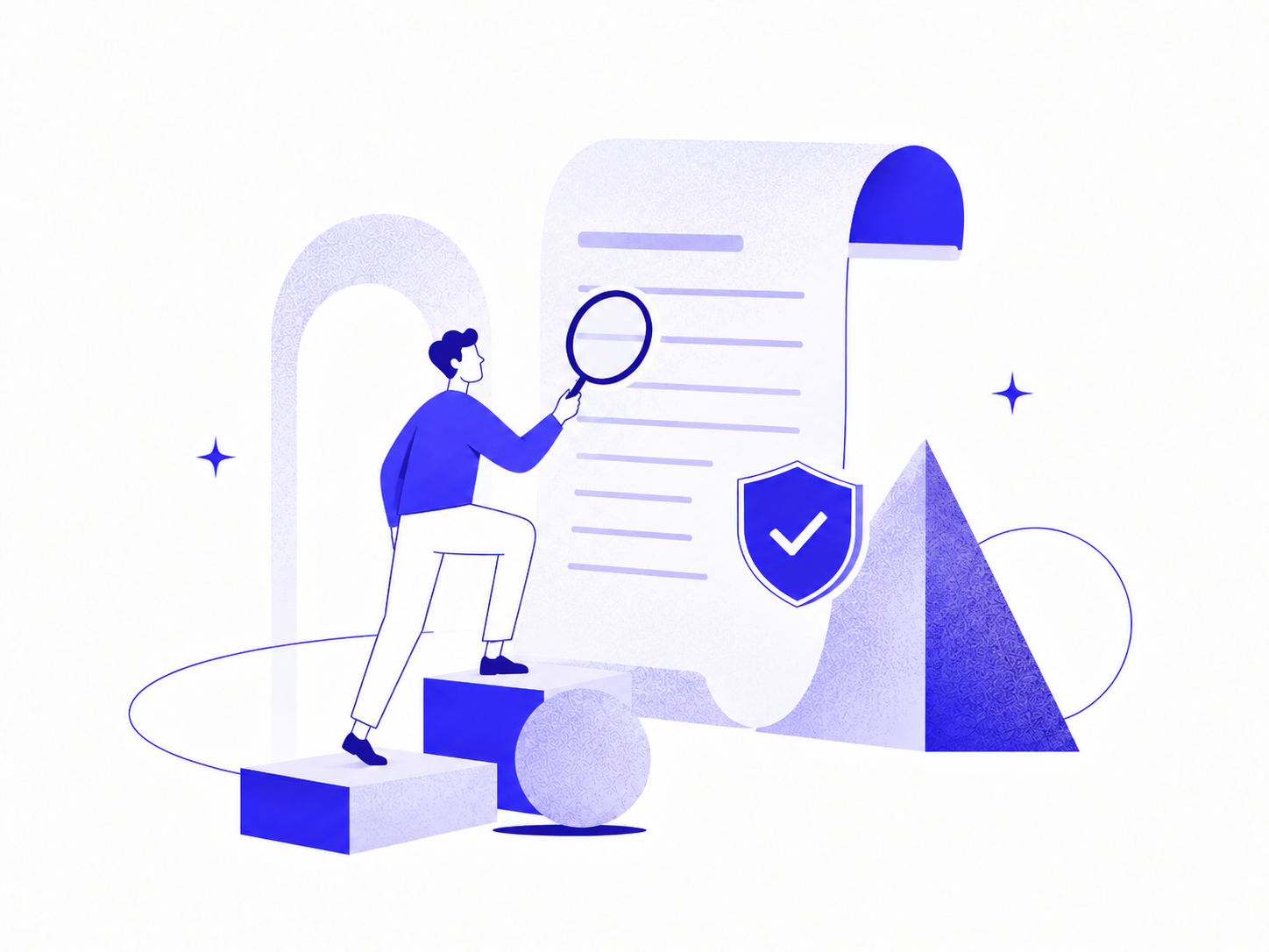 A business owner reviewing policy documents with a verified shield